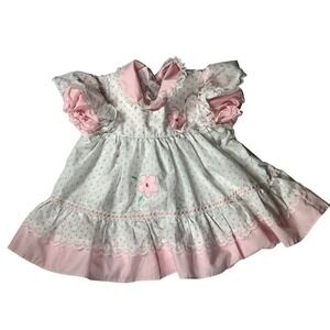 Vintage Dress 18m Floral Pink White Lace Ruffle Embroidered Flower Cottagecore